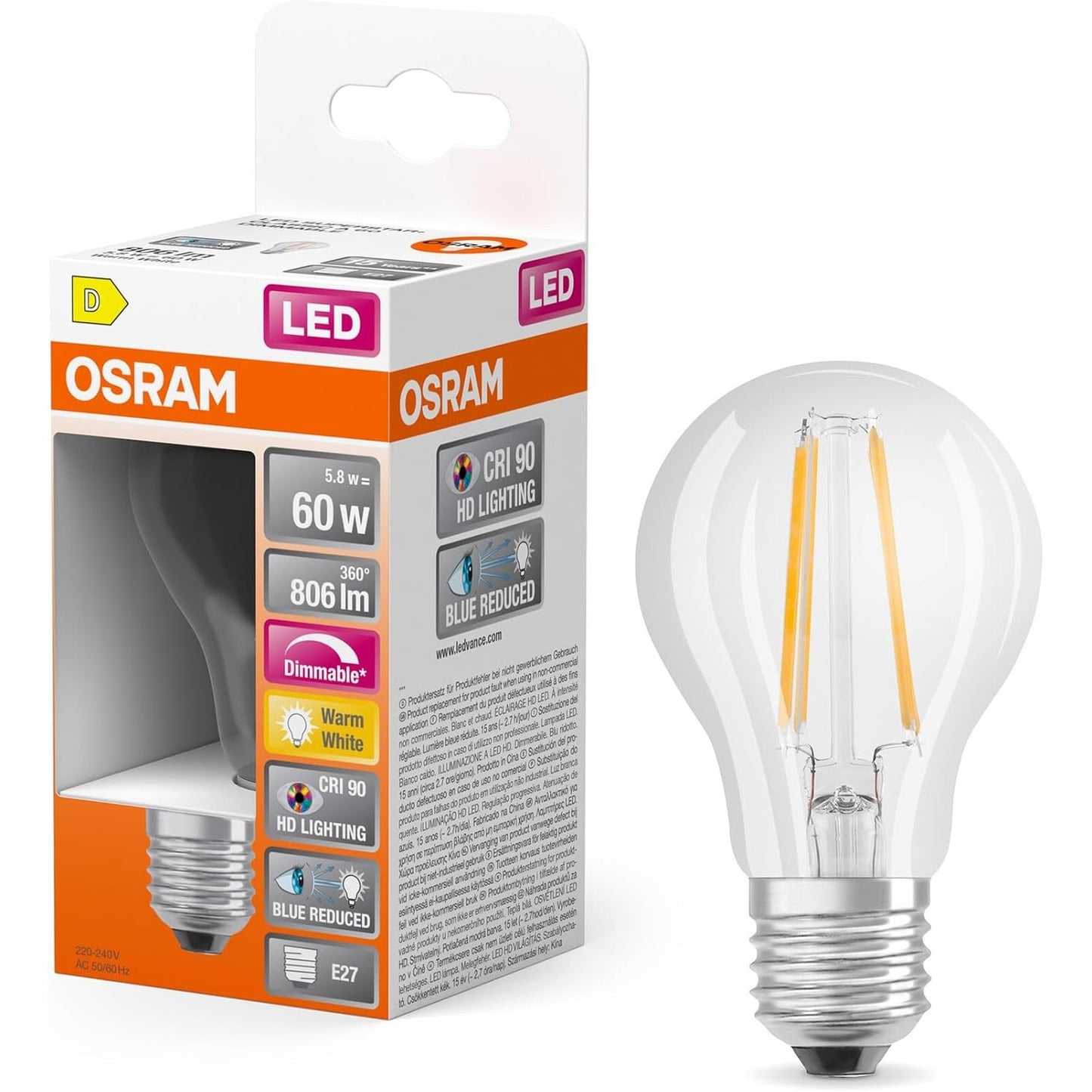 225035 - OSRAM Llampë LED Superstar, Errësim dhe CRI90, Bazë E27, 2700K, 806 lumen, Zëvendësim për 60W, Pako me 1