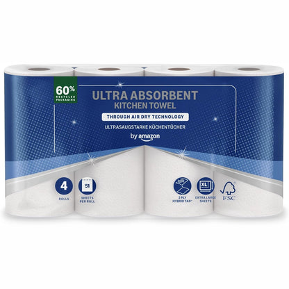 319205 - AMAZON Peshqir letre ultra-thithës, 4 rrotulla (1 pako), 51 fletë për rrotull, të certifikuara nga FSC
