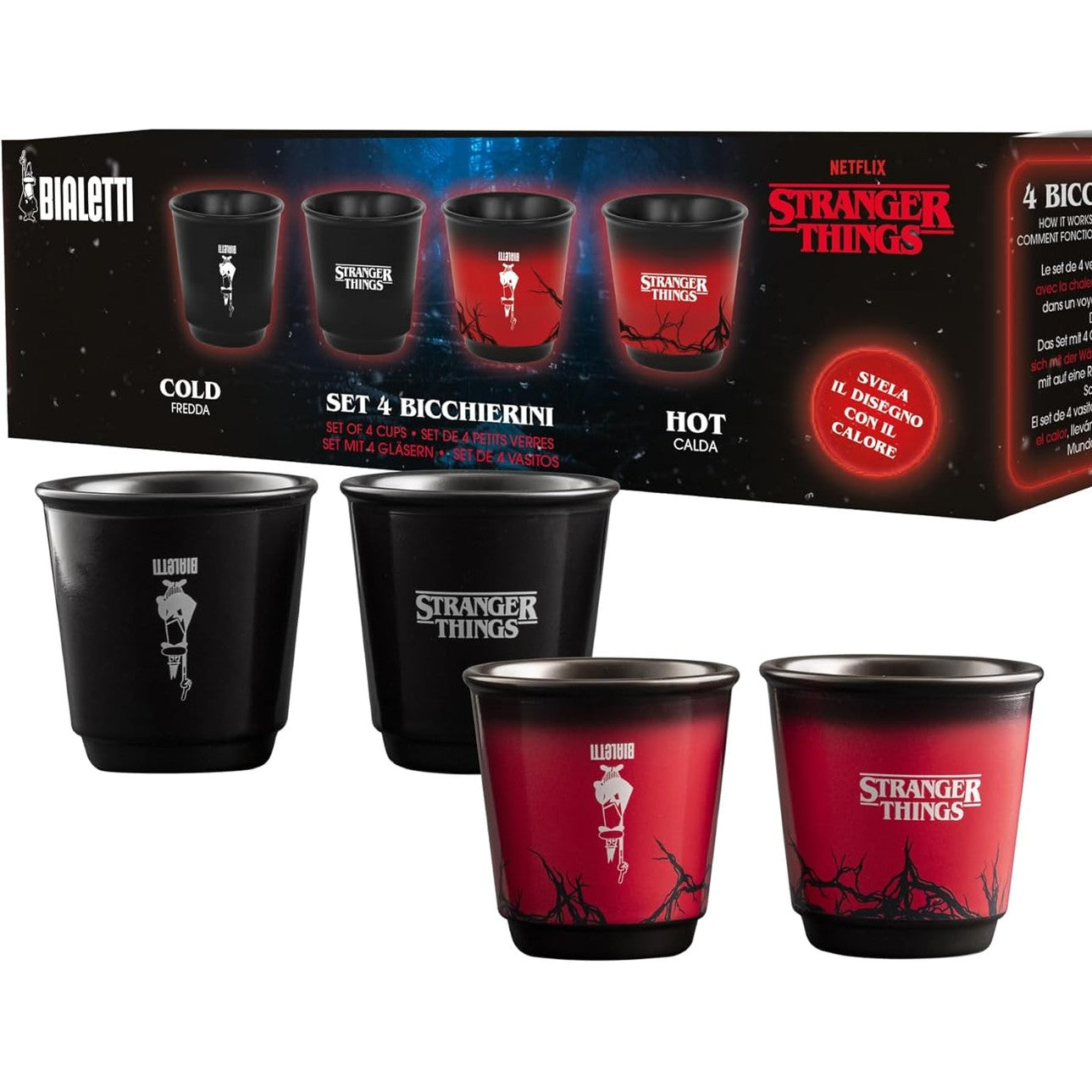 187815 - BIALETTI Set Filxhanësh Kafeje 'Stranger Things' me 4 Copë, Të Ndjeshme ndaj Nxehtësisë, Ndërron Ngjyrën me Nxehtësinë, Të Sigurta për Lavastovilje, Kapaciteti 90 ml secila, të Zeza