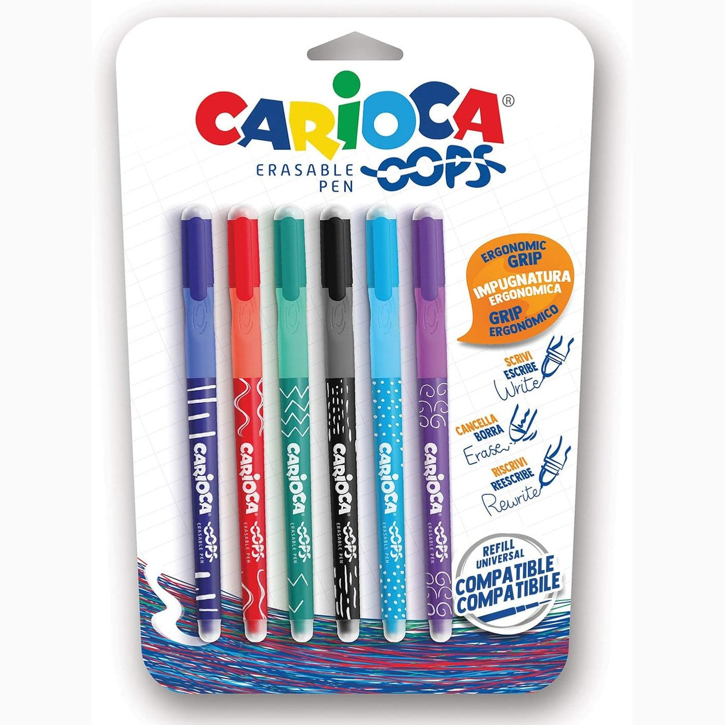 266975 - CARIOCA OOPS Stilolapsa të fshirë, pako me 6 flluska, diametër maje 0.7 mm, dorezë trekëndëshe ergonomike, gomë e dyfishtë, bojë termosensitive, kompatibël me rimbushje