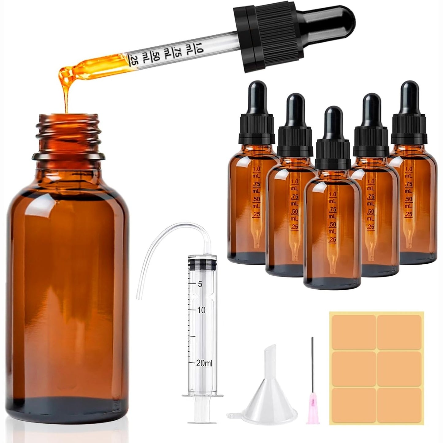 216691 - CoKeeSun Shishe qelqi 30ml me 5 pjesë - Pipetë, shiringë, etiketë për vajra esencialë