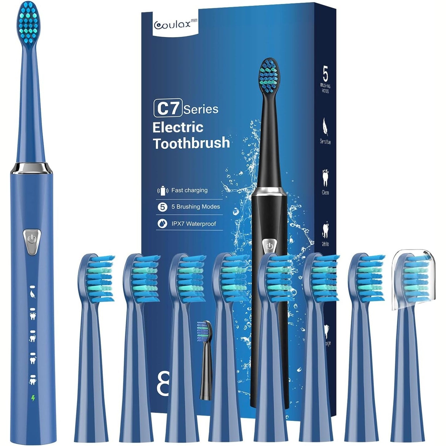 275569 - FURÇË DHËMBËSH Elektrike Sonike për udhëtim - 8 koka furçe - 5 mënyra - Blu marine