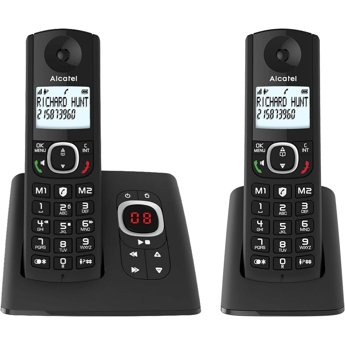 309711 - ALCATEL F530 Voice Duo - Telefon pa tel DECT me sekretari telefonike, ekran i madh me ndriçim nga prapa, pa duar, funksion bllokimi thirrjesh, 2 taste thirrjeje të shpejta, 2 aparate - i zi