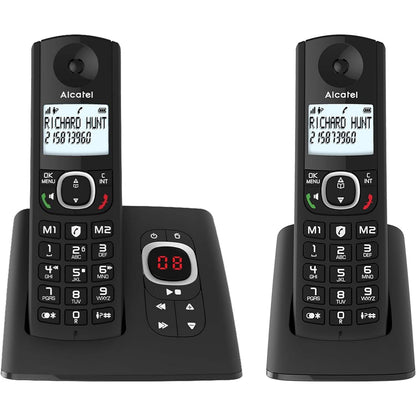 309711 - ALCATEL F530 Voice Duo - Telefon pa tel DECT me sekretari telefonike, ekran i madh me ndriçim nga prapa, pa duar, funksion bllokimi thirrjesh, 2 taste thirrjeje të shpejta, 2 aparate - i zi