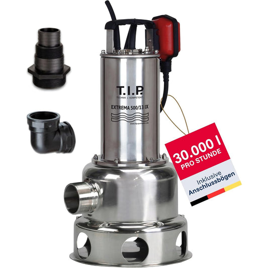 292063 - EXTREMA Pompë zhytëse për ujë të ndotur TIP, çelik inox, shpejtësi rrjedhjeje 30,000 l/h, kokë shpërndarjeje 13 m, presion 1.3 bar, 1,800W, madhësi grimcash 45 mm, ujë i nxehtë deri në 95°C, model 500/13 IX, 30171