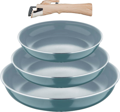 167491 - BERGNER - Set 4 Tiganësh të Aluminit të Ricikluar të Presuar (18+20+24cm) me Dorëza të Lëvizshme, Veshje PPG Fusion, Kompatibël me Induksion - Ngjyrë Jeshile