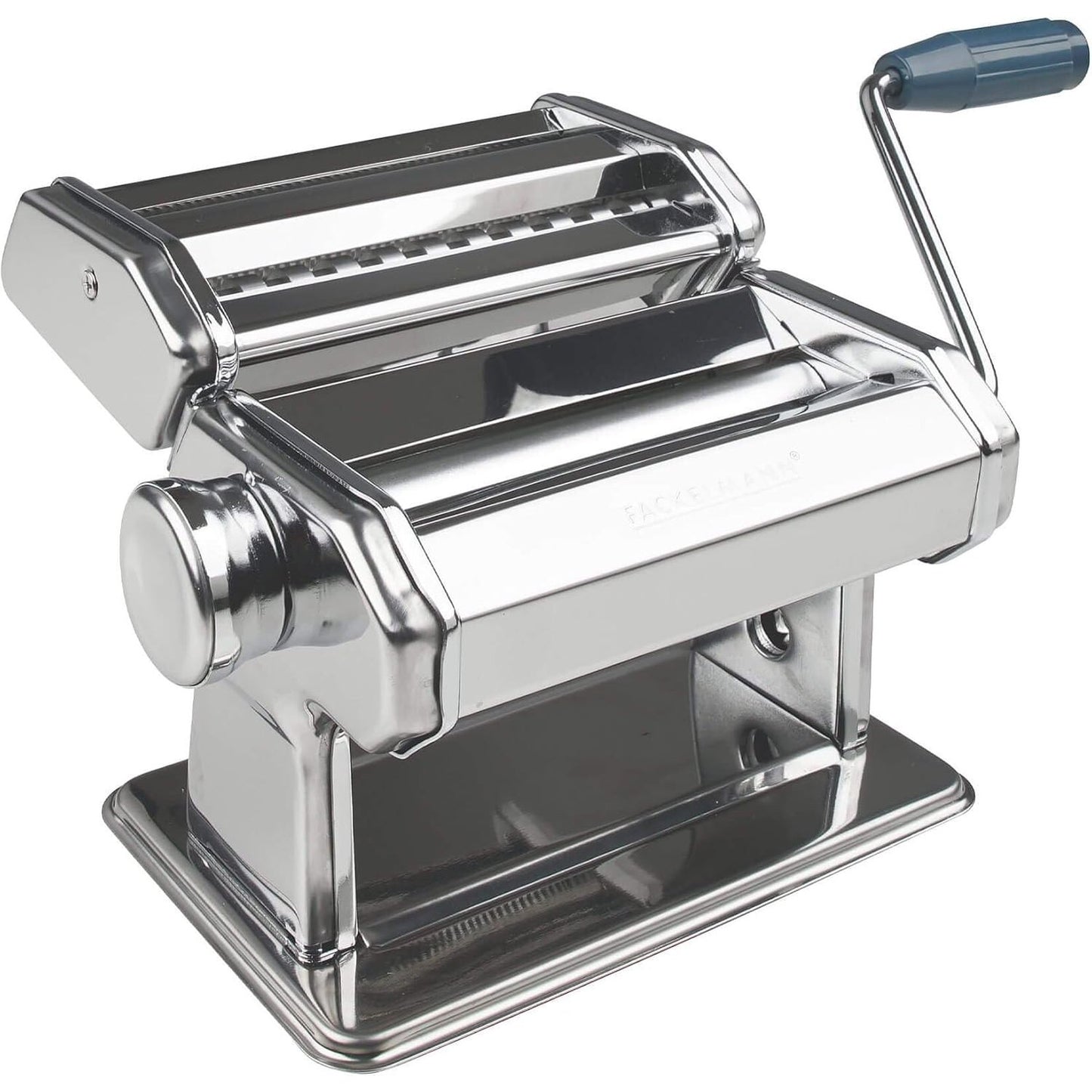 217560 - FACKELMANN Makinë makaronash #easyprepare për makarona të shijshme - aksesorë për fletë lazanjeje, tagliatelle dhe spageti - përfshin kapëse tavoline dhe bazë anti-rrëshqitëse, e bardhë/blu-gri