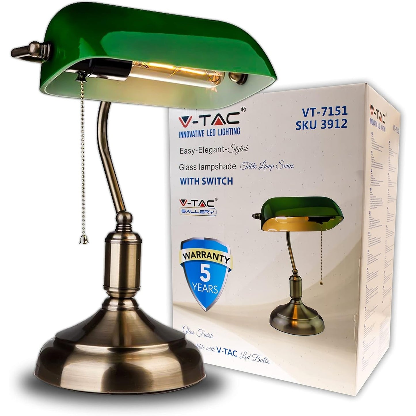 217448 - V-TAC Llambë Tavoline LED Vintage, llambë elegante në stil retro për përdorim të brendshëm, mbajtëse llambë me difuzor qelqi të gjelbër që anohet 90°, prizë llambë E27, dizajn unik