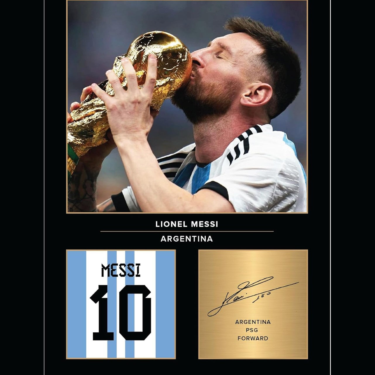 242094 - Printim fotografik ikonash me Kupën e Botës Lionel Messi, A4, firmë e riprodhuar dixhitalisht, dhuratë për futbollistin/tifozin e futbollit, pa kornizë, poster i Argjentinës