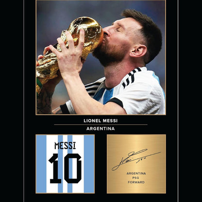 242094 - Printim fotografik ikonash me Kupën e Botës Lionel Messi, A4, firmë e riprodhuar dixhitalisht, dhuratë për futbollistin/tifozin e futbollit, pa kornizë, poster i Argjentinës