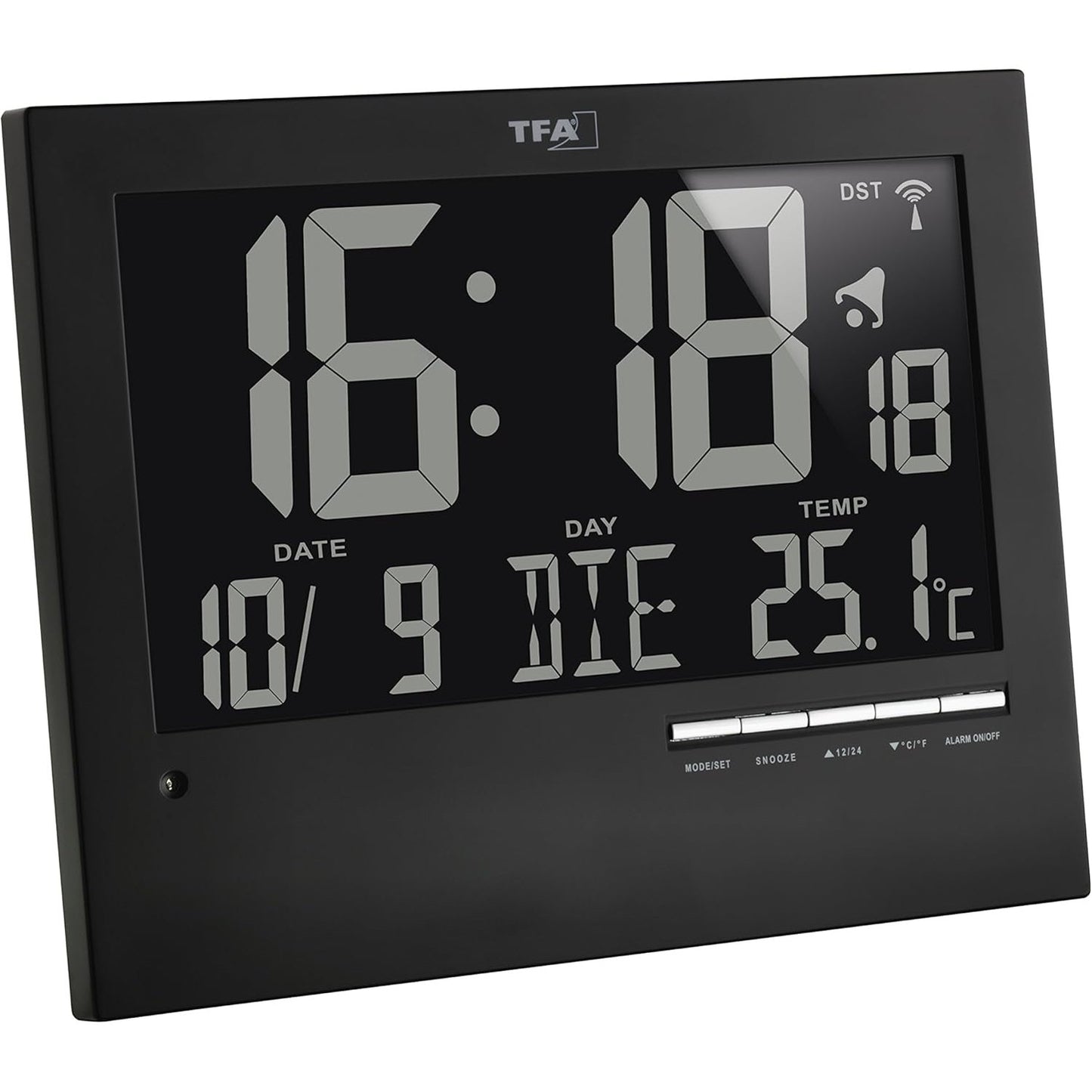 239637 - TFA DOSTMANN Orë dixhitale me radio, gjatësi 230 mm, gjerësi 31 mm, lartësi 185 mm, me ndriçim automatik, temperaturë, datë