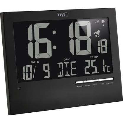 239637 - TFA DOSTMANN Orë dixhitale me radio, gjatësi 230 mm, gjerësi 31 mm, lartësi 185 mm, me ndriçim automatik, temperaturë, datë