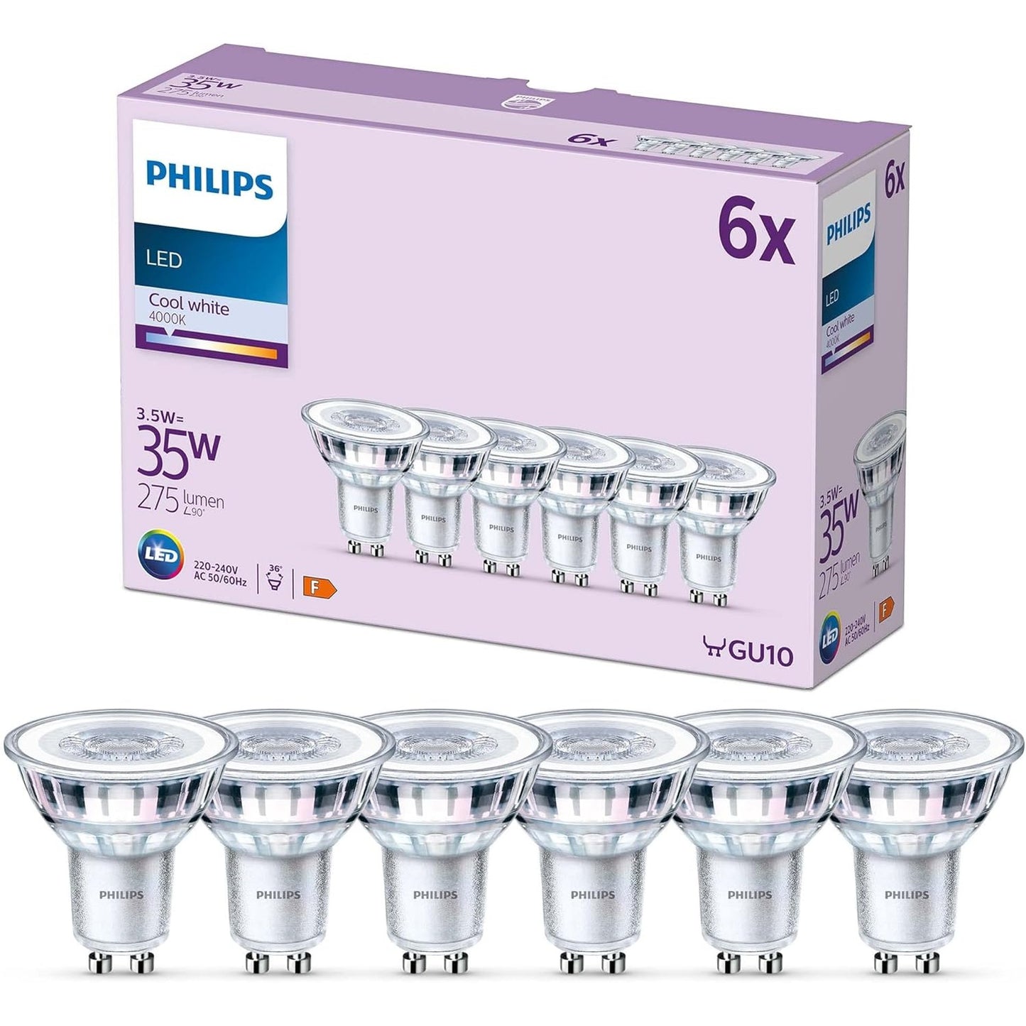 253169 - Philips Pako me 6 llamba LED GU10, 35W, e bardhë e ftohtë, pa errësim