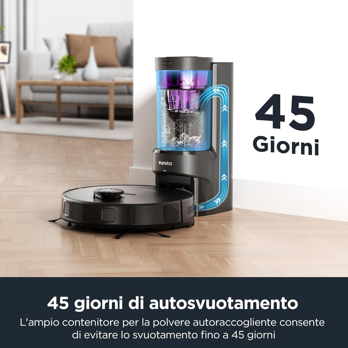 83056 - EUREKA NERE10S Robot Fshesë me Korrent dhe Dyshemeje, Stacion Lidhjeje, Pastrim Automatik për 45 Ditë, Fuqia e Thithjes 4000Pa, Mbledhje Pluhuri, Jetëgjatësi e Baterisë 180 Minuta, Navigim LiDAR, Lidhshmëri WiFi/APP