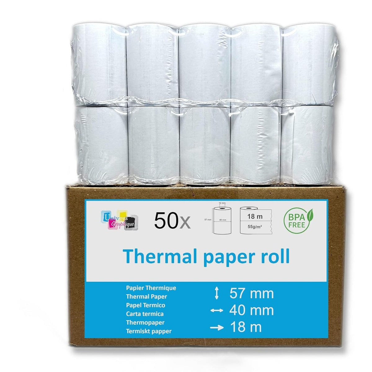295971 - UNIVERS GRAPHIQUE Pako me 50 copë - Rrotull termik për karta krediti 57 x 40 x 12 mm - Letër termike për karta krediti - Rrotull për makinën e kartave (POS)