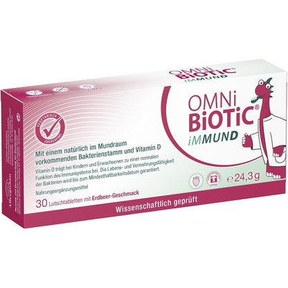 316922 - OMNi BiOTiC iMUND - 30 tableta për thithje - 1 miliard baktere për tabletë - Me vitaminë D - Vegjetarian - Pa sheqer - Me shije luleshtrydheje