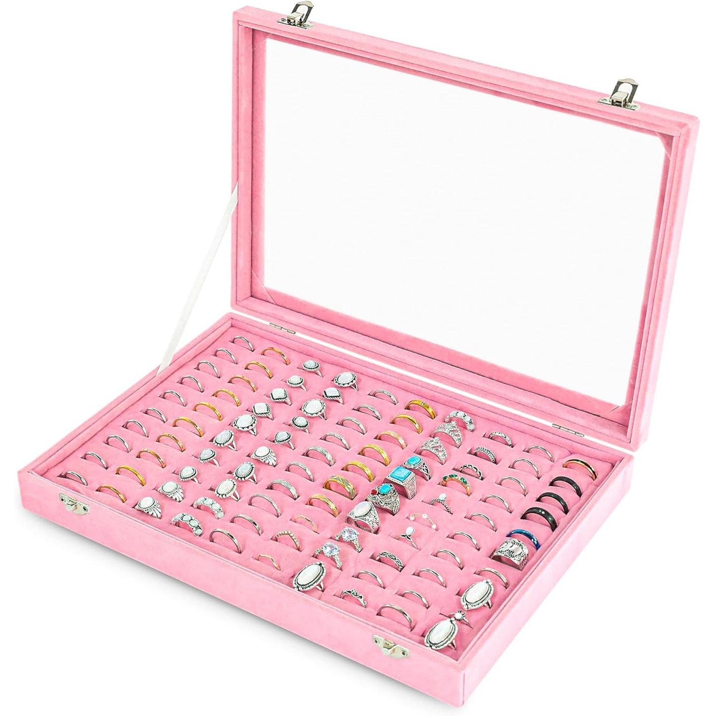 219909 - FREBEAUTY Tabaka Organizuese Unazash - Mbajtëse me 100 Vende me Kapak Transparent, Kuti Ruajtjeje prej Kadifeje për Dyqane Bizhuterish, Rozë