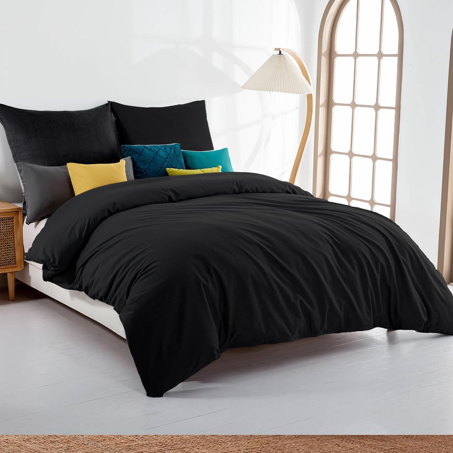 252350 - SOIFOX Set çarçafësh 140x200, i Zi, Mikrofibër, Pa hekur dhe pa rrudha, 1 Mbulesë jorgani + 1 Mbulesë jastëku 80x80cm me zinxhir