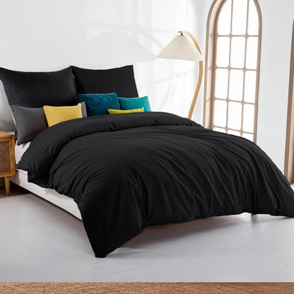 252350 - SOIFOX Set çarçafësh 140x200, i Zi, Mikrofibër, Pa hekur dhe pa rrudha, 1 Mbulesë jorgani + 1 Mbulesë jastëku 80x80cm me zinxhir