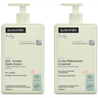 298143 - SUAVINEX Baby Pack: Shampo xhel për lëkurë dhe flokë të butë, pa sapun, 750 ml + Losion hidratues 750 ml, i përshtatshëm për lëkurë të ndjeshme dhe të porsalindur