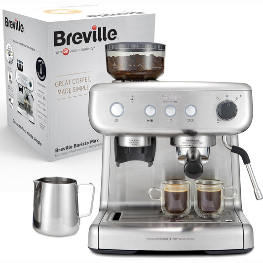 288040 - BREVILLE Makinë kafeje Barista Max, Gjysmëautomatike me mulli kafeje të integruar, shkop avulli për shkumëzim qumështi, pompë italiane 15 bar, model VCF126X
