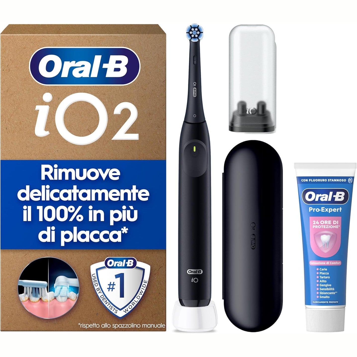 271057 - ORAL-B Furçë dhëmbësh elektrike iO 2, 1 kokë zëvendësuese, e zezë, Rikarikueshme, Kuti udhëtimi + 1 pastë dhëmbësh Pro-Expert