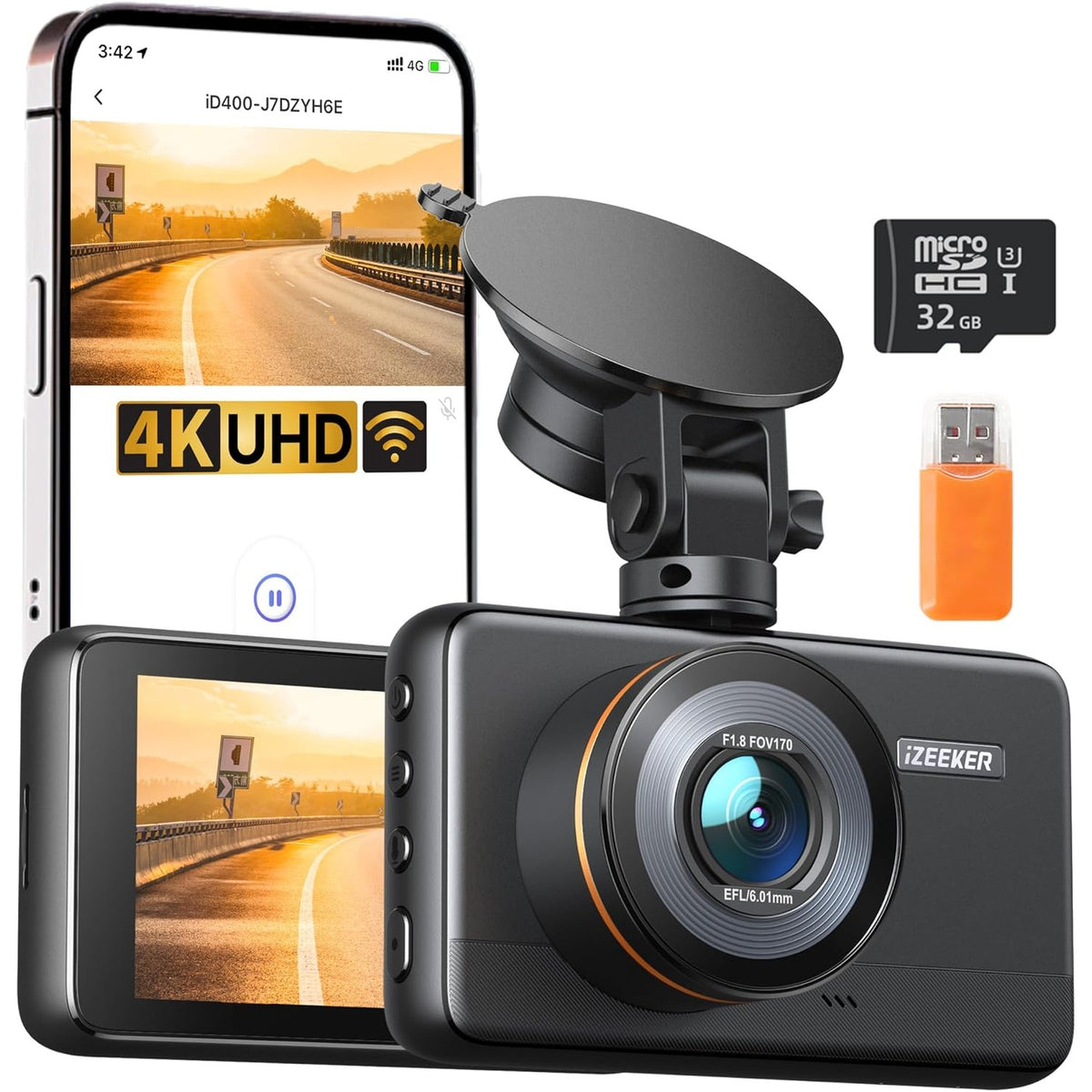 308821 - IZEEKER Kamera e përparme e makinës 4K, WiFi 2160P me kartë 32GB