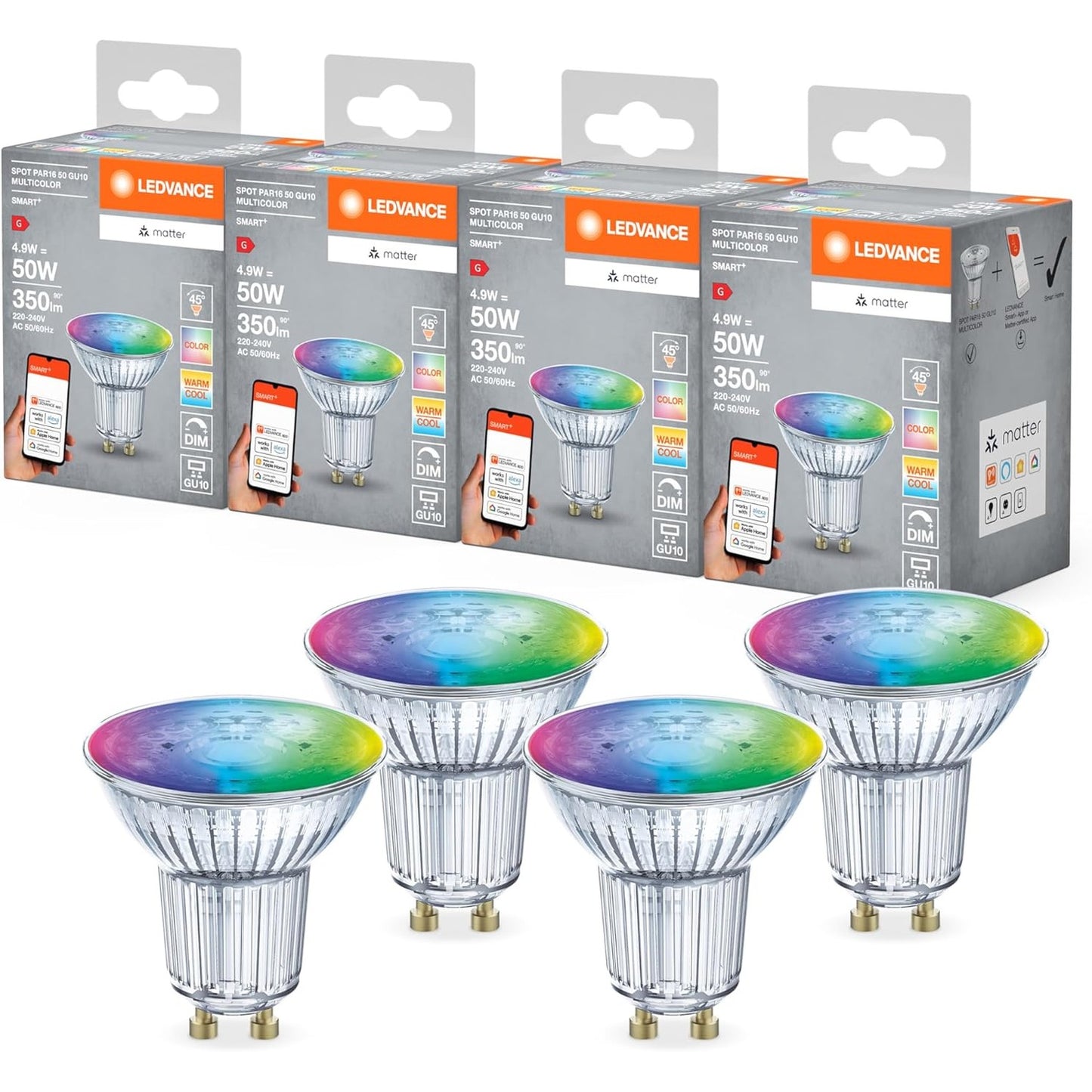 245188 - LEDVANCE SMART+ MATTER Llambë reflektuese LED, 4.9W, 350lm, GU10, dritë me ngjyra dhe dritë e bardhë, pako me 4 copë
