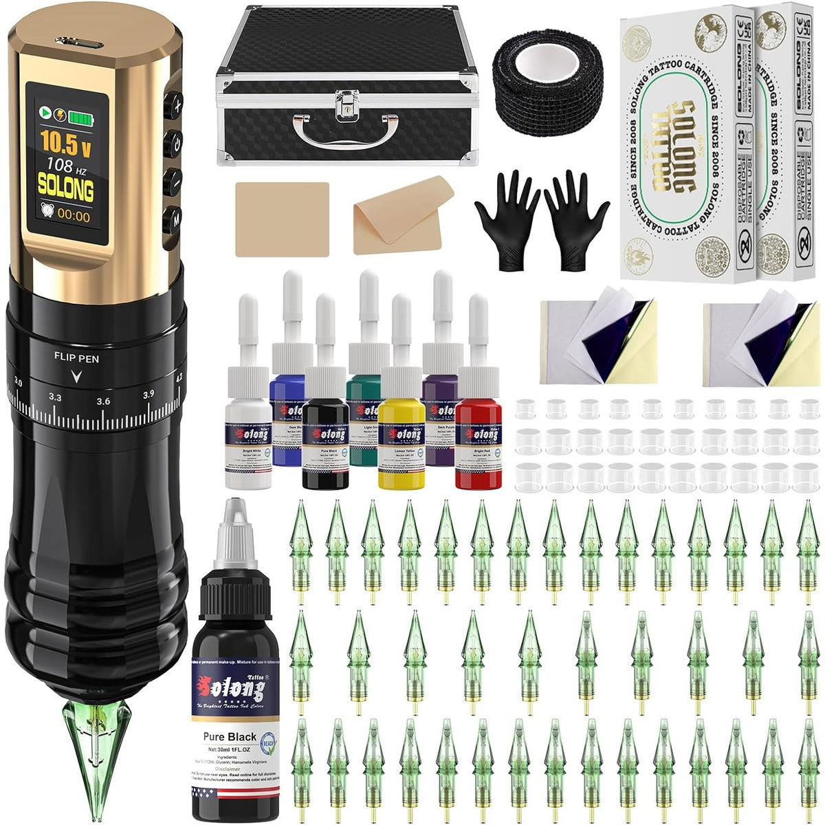 296551 - SOLONG Set profesional makinash tatuazhi, pistoletë rrotulluese pa tel me bateri 1800mAh, ekran LCD dixhital, 40 fishekë, gjilpëra, 8 bojëra cilësore për fillestarë dhe artistë tatuazhi, SLE96EN01SEU-9