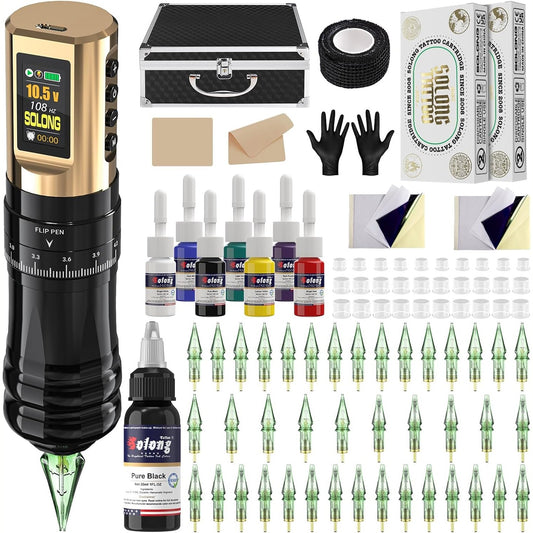 296551 - SOLONG Set profesional makinash tatuazhi, pistoletë rrotulluese pa tel me bateri 1800mAh, ekran LCD dixhital, 40 fishekë, gjilpëra, 8 bojëra cilësore për fillestarë dhe artistë tatuazhi, SLE96EN01SEU-9