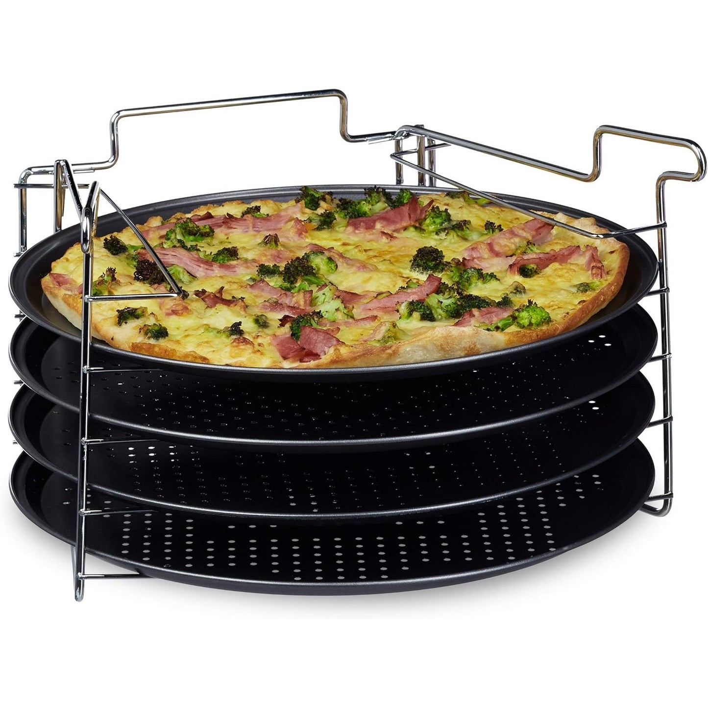196526 - RELAXDAYS Set me 4 Tepsi për Pica, Dimensionet 20x32x32 cm, me Mbështetëse, i Përshtatshëm për Tepsi Picash dhe Flammkuchen, Tepsi e Rrumbullakët me Shtresë Jo-ngjitëse, Antracit
