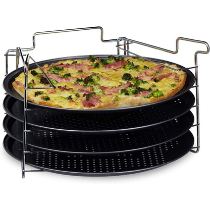 196526 - RELAXDAYS Set me 4 Tepsi për Pica, Dimensionet 20x32x32 cm, me Mbështetëse, i Përshtatshëm për Tepsi Picash dhe Flammkuchen, Tepsi e Rrumbullakët me Shtresë Jo-ngjitëse, Antracit