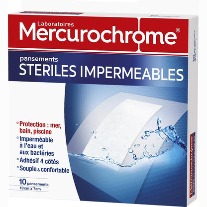 301272 - MERCUROCHROME - Fasha sterile transparente të papërshkueshme nga uji - Kuti me 10 fasha - Ngjitës i integruar me mbështetje jo-ngjitëse - 10 cm x 7 cm