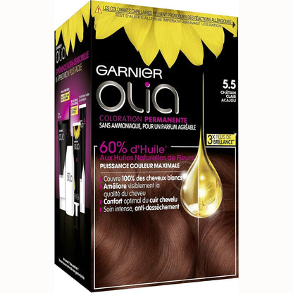 321489 - GARNIER Ngjyrë e përhershme për flokë - Pa amoniak - Me vajra natyralë lulesh - Kafe e çelët mahagoni (5.5) - Olia