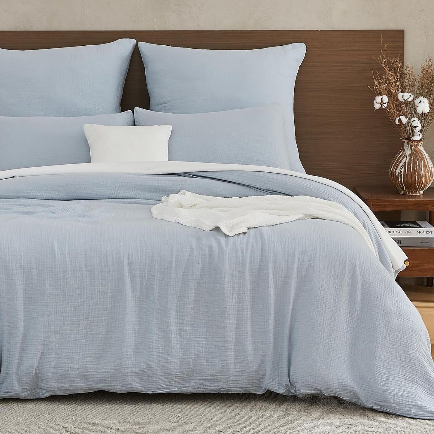 226204 - EMME Shtrat Muslin 100% Pambuk, Set Shtrati Veror Dopjo 220x240 cm, 1 Mbulesë Jorgani dhe 2 Mbulesa Jastëku 80x80 cm, Oeko-Tex, Blu e Çelët