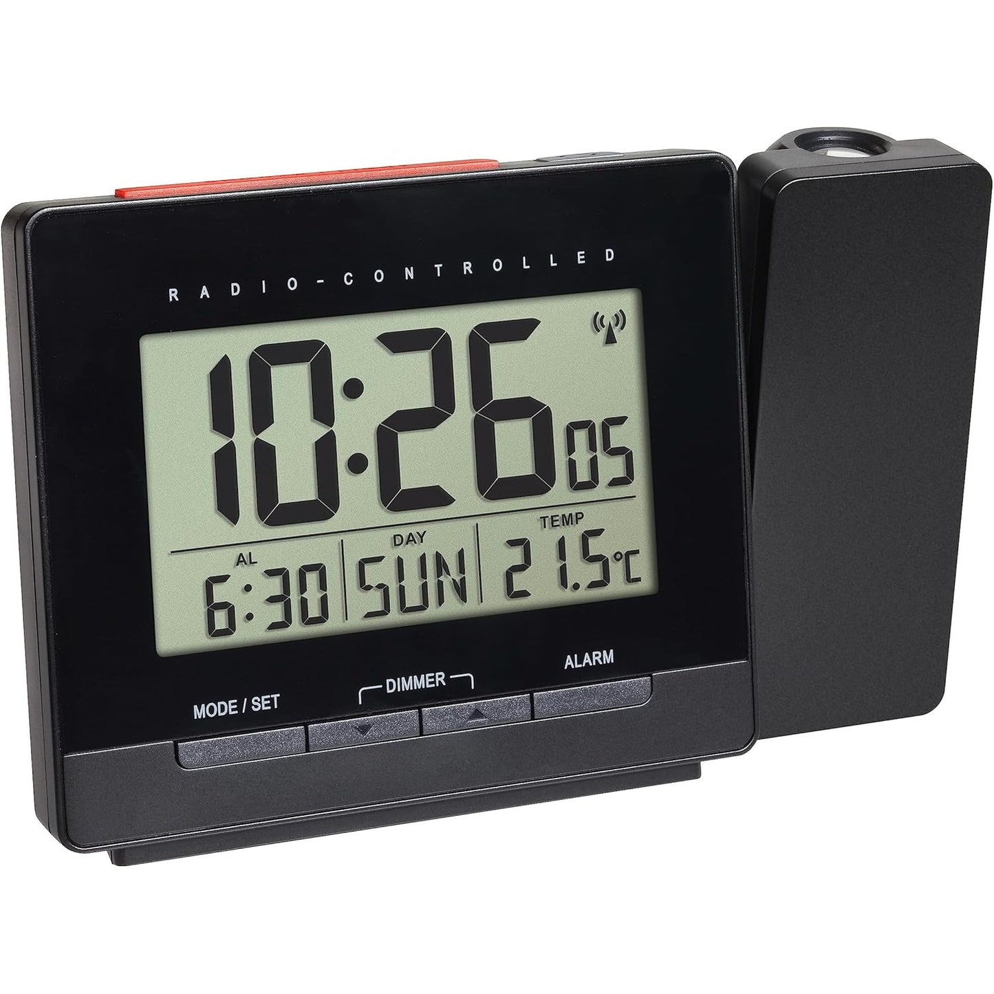 221887 - TFA DOSTMANN - Orë alarmi me projektim, Orë dixhitale me alarm me projektim e kontrolluar nga radio, 60.5016, me ekran temperature, shtyrje, ditë jave shumëgjuhëshe, ndriçim prapa i rregullueshëm i ekranit, e zezë