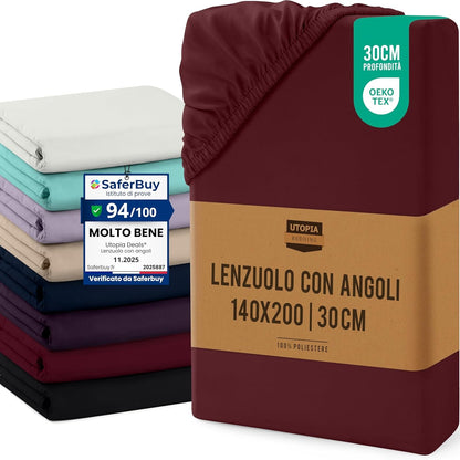 225170 - UTOPIA BEDDING Çarçaf i fiksuar 140x200cm deri në 30cm, Ngjyrë burgundy, I çertifikuar Oeko-Tex, Çarçaf i fiksuar me mikrofibër të lëmuar