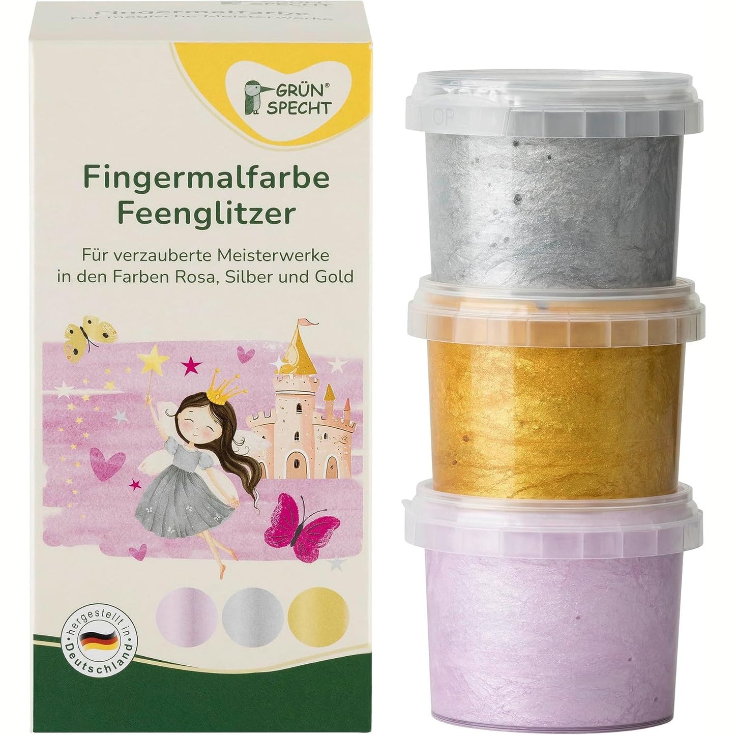 275617 - GRÜNSPECT Set bojërash për gishta me shkëlqim Glitter Fairy, 3 x 90 g, jo-toksike, vegane, të tretshme në ujë, ngjyra kremoze: rozë, argjend, ari (698-V2)