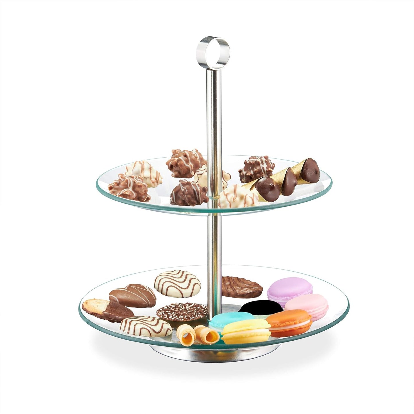 224281 - RELAXDAYS Stand Servirjeje e Rrumbullakët me 2 Kate për Kekë të Vogël, Biskota, Ushqime të Lehta, Fruta, Gotë, Çelik Inoks, Transparent/Argjend, 28 x 24.5 x 24.5 cm