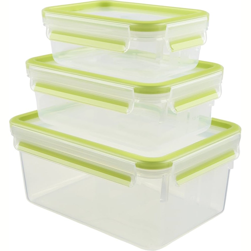 247508 - EMSA Set enësh për ruajtjen e ushqimit me kapëse dhe mbyllje, drejtkëndëshe, 0.55 L + 1.00 L + 2.20 L, 100% të papërshkueshme nga rrjedhjet, të sigurta për lavastovilje, frigorifer dhe mikrovalë, transparente