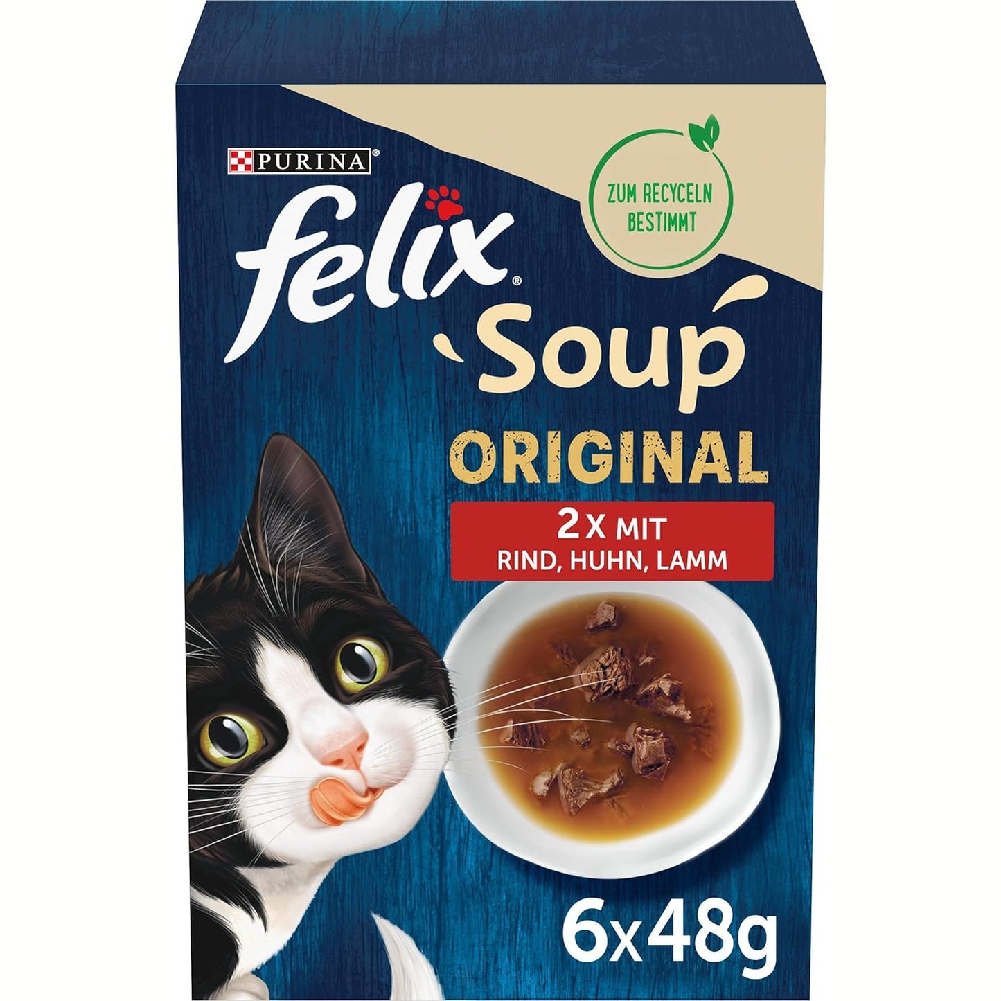214947 - FELIX Ushqim i lagësht për mace, supë me shije fshati me mish viçi, pulë, qengj, pako me 8 qese (8 x 6 qese me 48g secila)