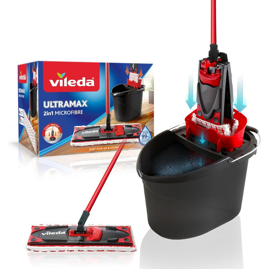 209022 - VILEDA Seti i Plotë i Mopit dhe Kovës Ultramax, Mop të Sheshtë me Kovë dhe Mbulesë të Mikrofibrave, Largon Mbi 99% të Baktereve me Ujë