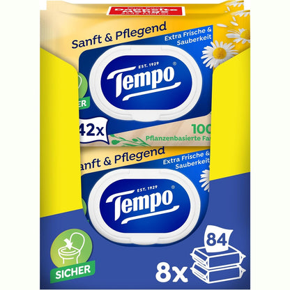 275416 - Tempo Letër Higjienike e Lagësht, Megapack 12 Pako me nga 42 Peceta, Pako Dyshe, me Kamomil Natyral, e Testuar Dermatologjikisht