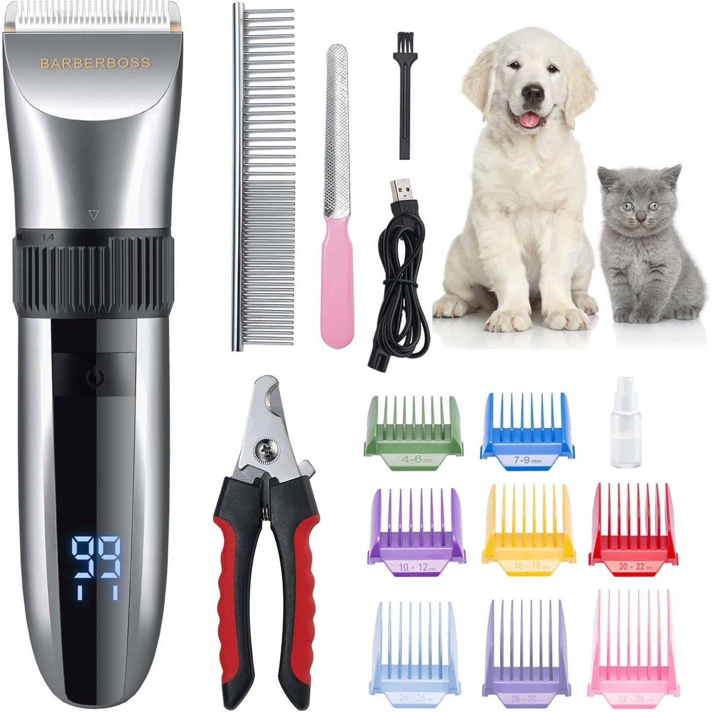 275390 - BARBERBOSS Makinë prerëse qepësh pa tel për qen, e papërshkueshme nga uji, tehe qeramike, ekran LED, karikim i shpejtë