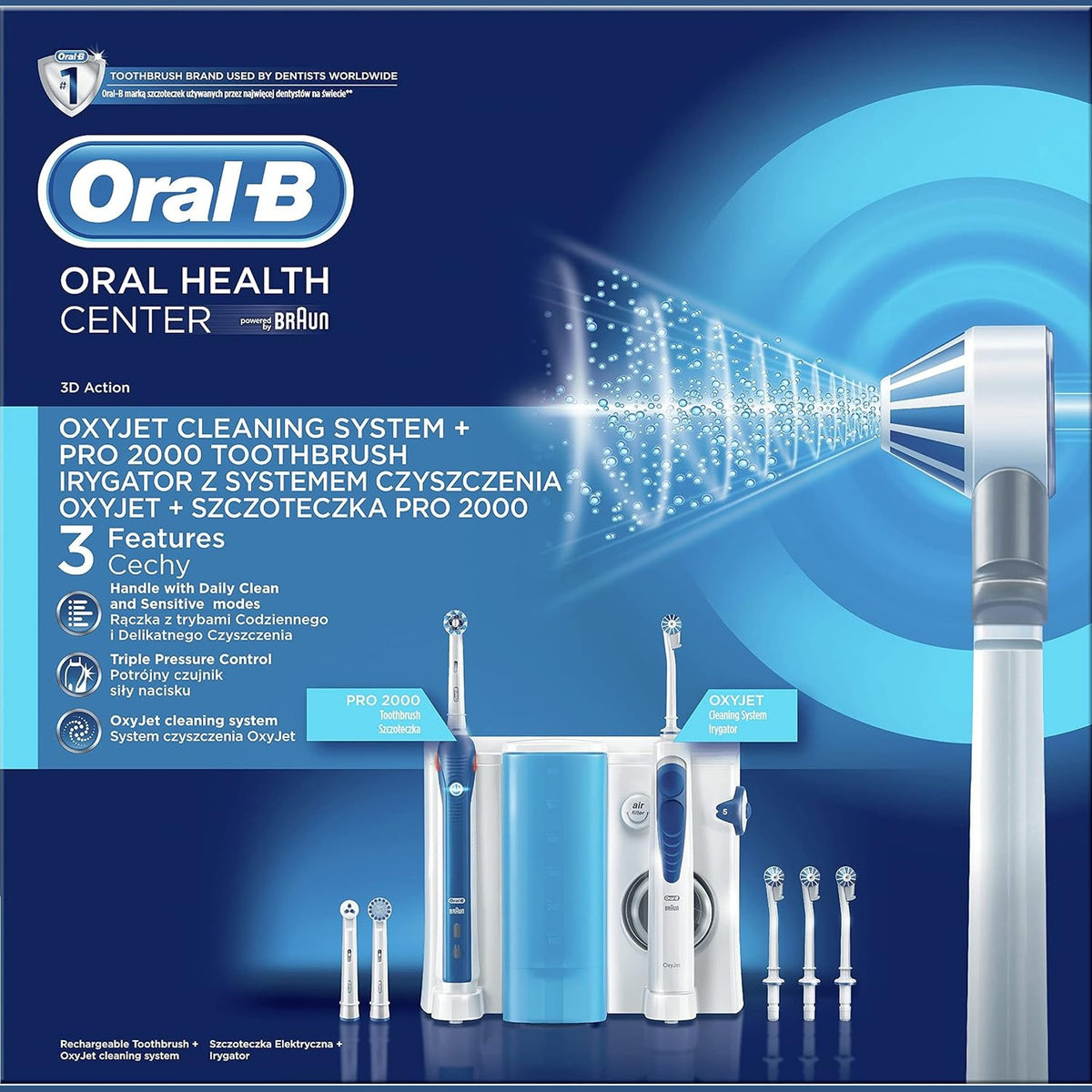 301613 - ORAL-B Dorezë furçe dhëmbësh elektrike Pro 2000 dhe ujitës Oxyjet, 4 gryka Oxyjet, 3 koka furçe, e bardhë