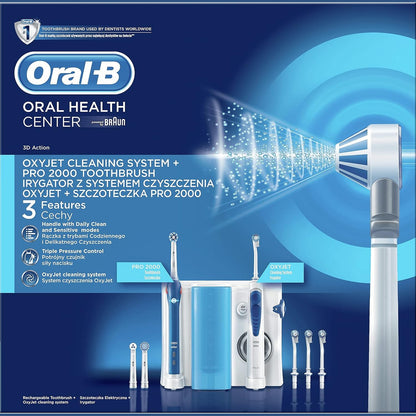 301613 - ORAL-B Dorezë furçe dhëmbësh elektrike Pro 2000 dhe ujitës Oxyjet, 4 gryka Oxyjet, 3 koka furçe, e bardhë