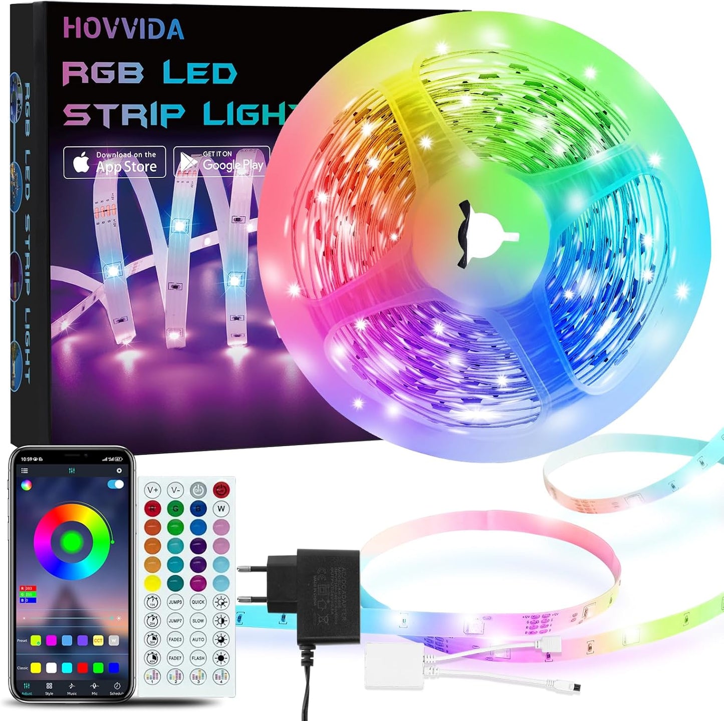 180574 - HOVVIVA - Shirit LED 5M, 30 LED/Metër, RGB 24V, 150 LED, Aplikacion dhe Telekomandë, Sinkronizim Muzikor, Modalitet Kohëmatësi, Për Dhomë Gjumi, Dhomë Lojërash, Festë, Festival