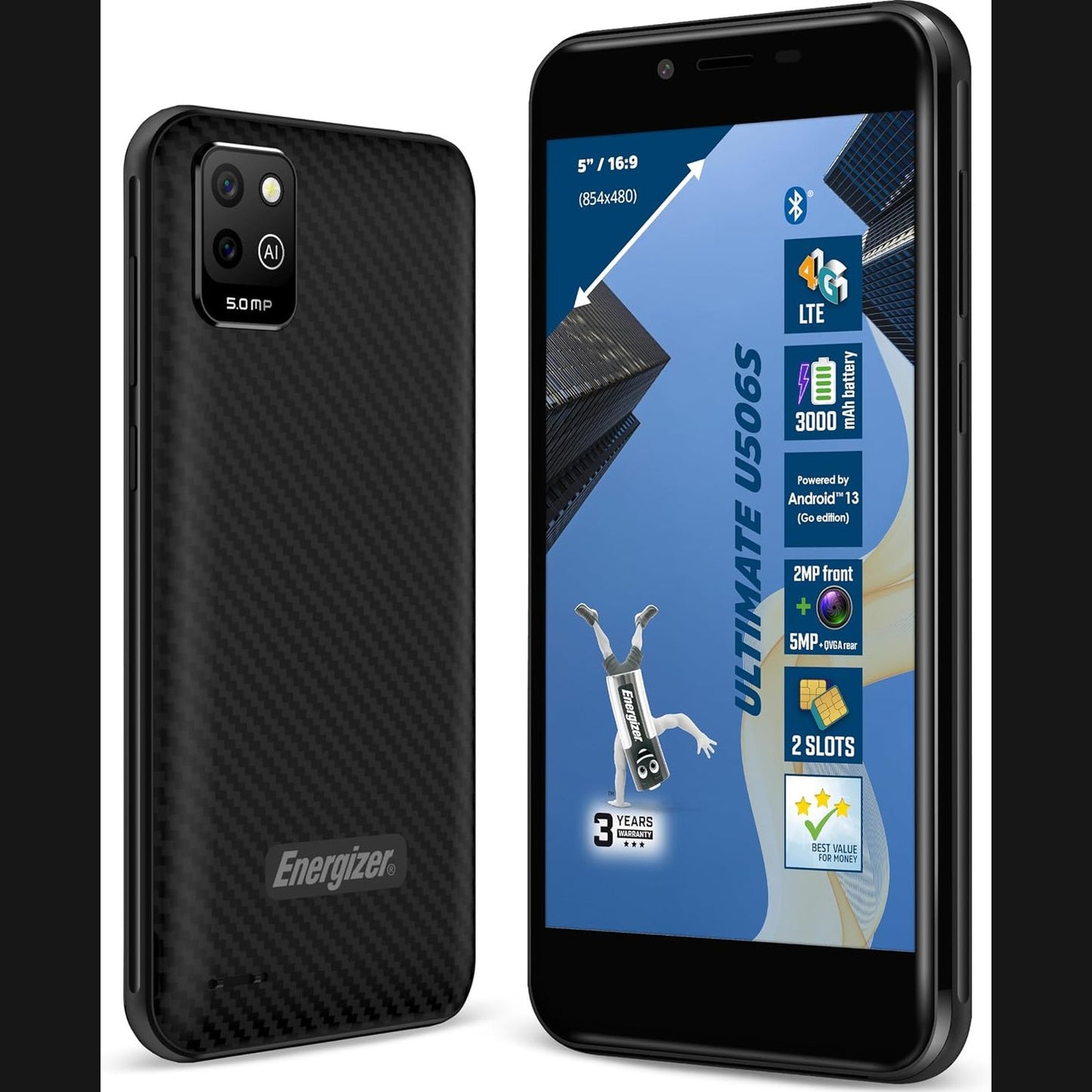 273184 - ENERGIZER U506S Smartphone - 2GB RAM / 32GB ROM - Ekran 5" - Bateri 3000 mAh - Kamera e Pasme 5MP+QVGA / Kamera e Përparme 2MP - Android 13GB - E Zezë - Kartë SIM e Dyfishtë