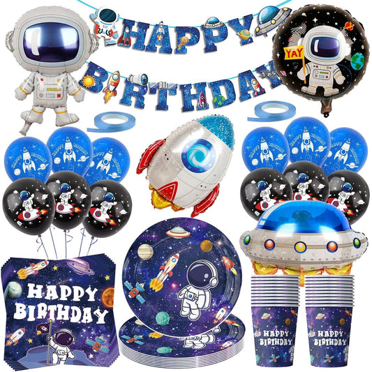 201397 - DEKORIME DITËLINDJE - Seti i Completueshëm për Festën në Hapësirë (79 Pjesë), me Tullumbace Foleje Astronote, Pjata Letre, Gota, Peceta, Baner dhe Raketa - Ideal për 20 të Ftuar