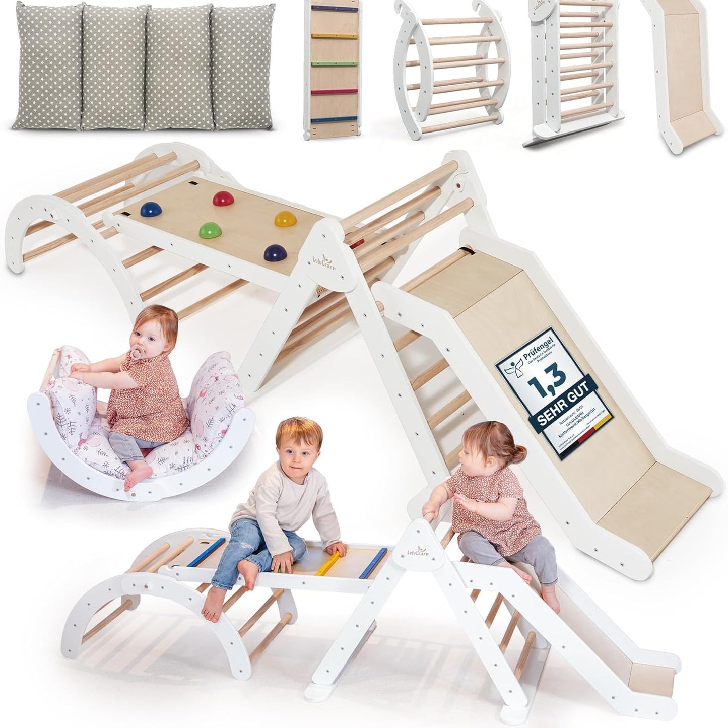 175029 - LULULEARN Trekëndësh Ngjitjeje 4-në-1, Hark dhe Rampë Rrëshqitëse, Material i Palosshëm, Përdorim të Brendshëm dhe të Jashtëm, Për Fëmijët 1+ Vjeç, Mësim Aktiv Montessori (E Bardhë)